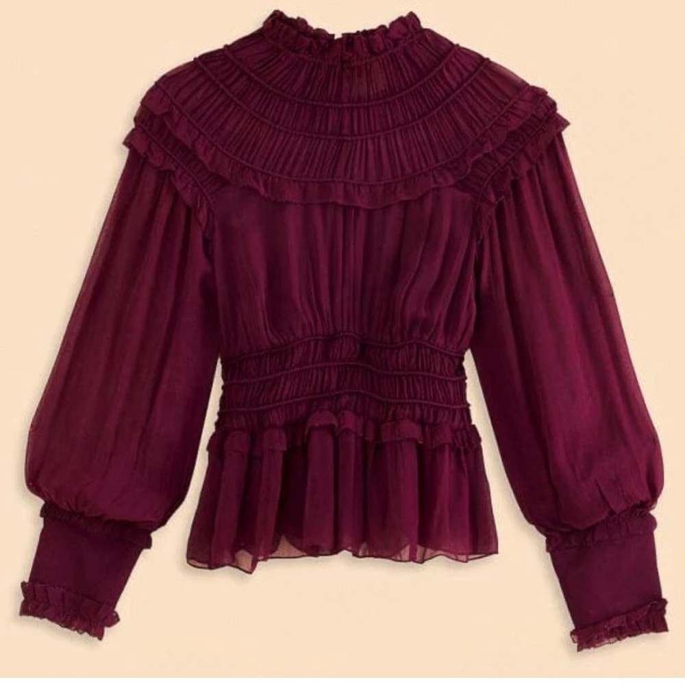 Farm Rio Ruffle High Neck Blouse Burgundy NWOT